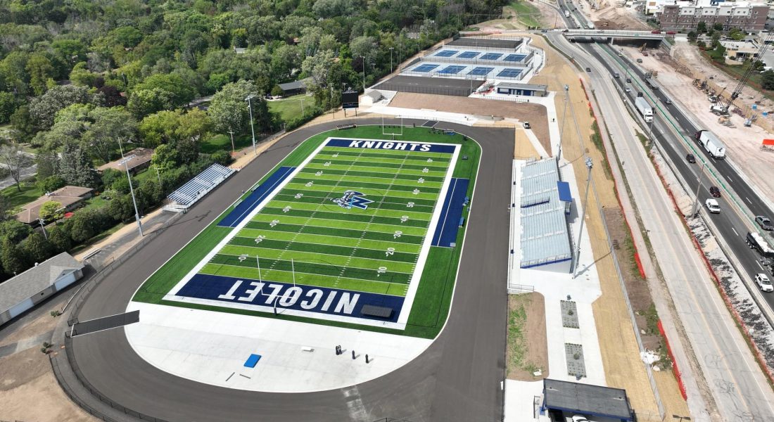 Aerial view of Nicolet Knights football field and surroundings.