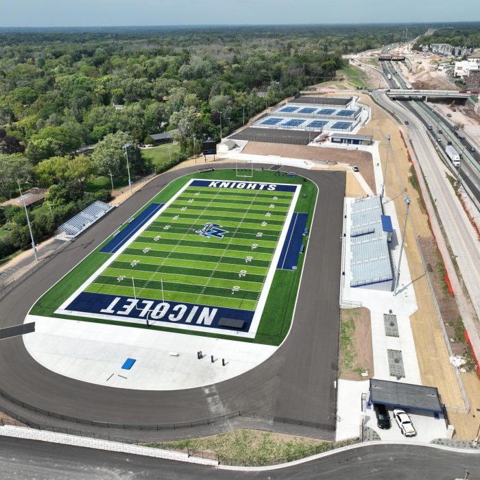 Aerial view of Nicolet Knights football field and surroundings.