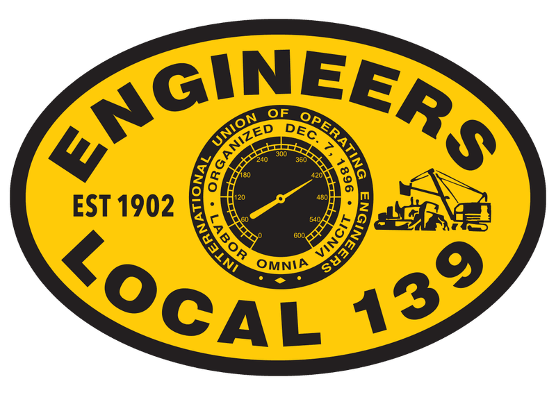 Yellow oval badge: ENGINEERS LOCAL 139, union seal, equipment.