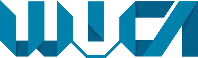 Blue geometric shapes spell WCM on a light background.